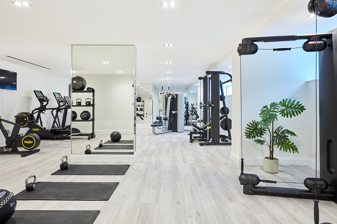 Modern gym with exercise machines, free weights, mats, and a potted plant on light wood flooring; large mirrors reflect the equipment and bright lights.